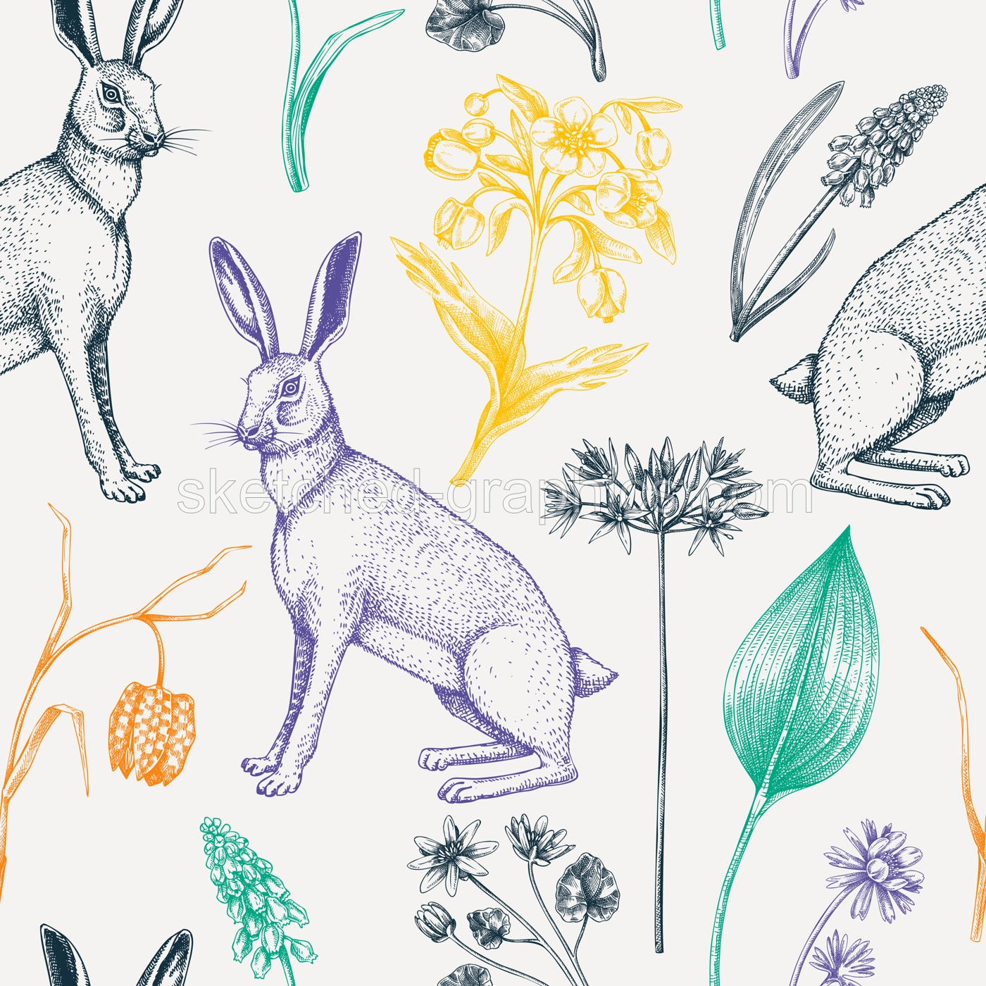 Hand-drawn hares background design. Vintage woodland flower sketches. Seamless spring pattern. Forest plants, wildflowers, and rabbits illustration for print. Vintage animals decorative backdrop. Illustration